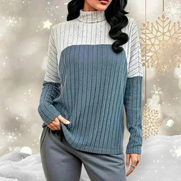 🆕️Color Block Ribbed Turtle Neck Long Sleeve Top - Soft & Stretchy Size L 8/10 - Picture 1 of 9